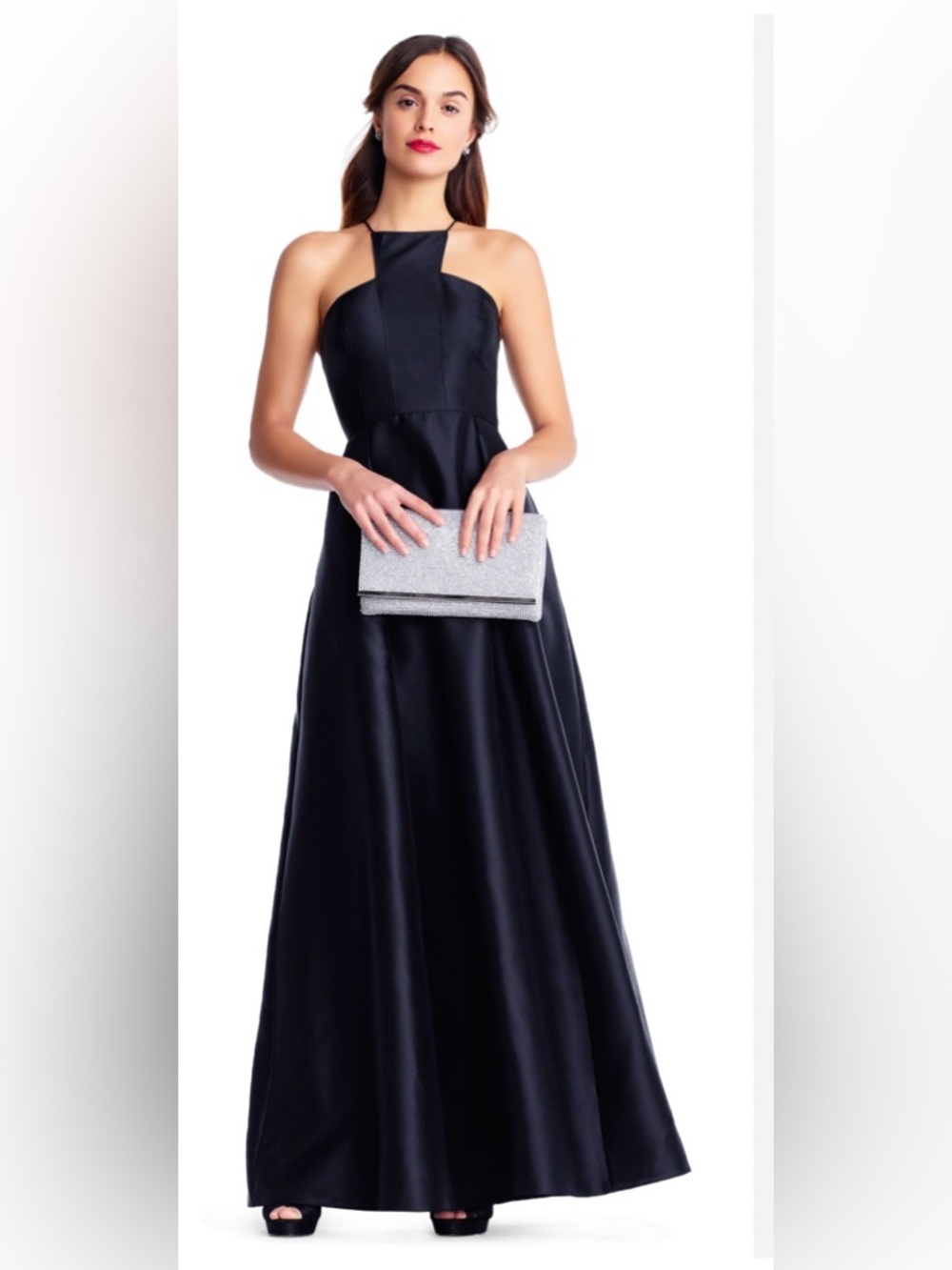 Adrianna Papell Navy Satin Maxi Dress Size 10 Elegant Formal Gown